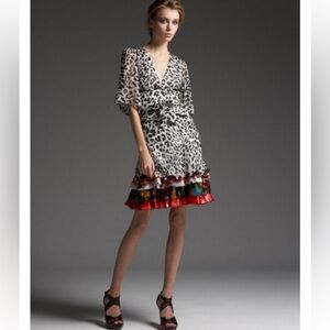 Tuleh Women’s Silk Animal Print Short Sleeve v-Neck Dress Ruffles Tiered Size 4